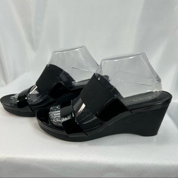 Chaps Shoes - Chaps Rhoda black patent leather stretch slide on wedge open toe heel sandals 9